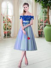 Off The Shoulder Sleeveless Lace Up Prom Party Dress Blue Tulle