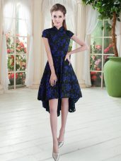 Custom Fit Short Sleeves High Low Appliques Zipper Homecoming Dress with Blue And Black