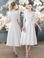 Tea Length White Prom Gown Scoop 3 4 Length Sleeve Zipper