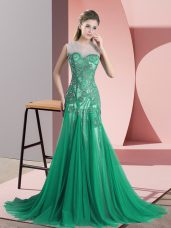 Unique Green Sleeveless Sweep Train Beading and Appliques Prom Gown