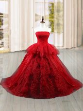 Strapless Sleeveless Tulle Vestidos de Quinceanera Lace and Ruffles Brush Train Lace Up