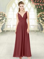 Noble Floor Length Empire Sleeveless Wine Red Prom Gown Backless,Silhouette: EmpireNeckline: v-neckSleeve Length: sleevelessHemline/Train: floor lengthBack Detail: backlessEmbellishment: ruchingFabric: chiffonShown Color: wine red(Color & Style representation may vary by monitor.)Occasion: prom,partySeason: spring,summer,fall,winterFully Lined: YesBuilt-In Bra: Yes