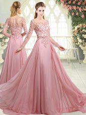 Pink Zipper Evening Dress Beading Long Sleeves Sweep Train