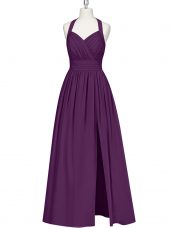 Eggplant Purple Chiffon Zipper Dress for Prom Sleeveless Floor Length Ruching