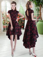 Elegant Short Sleeves Lace High Low Zipper Prom Evening Gown in Red And Black with Appliques