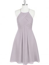 Elegant Grey A-line Halter Top Sleeveless Chiffon Mini Length Zipper Ruching Prom Gown