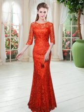 Orange Red Zipper Scoop Half Sleeves Floor Length Evening Dress Lace