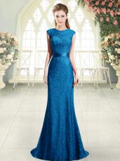 Stunning Blue Scoop Cap Sleeves Sweep Train Backless