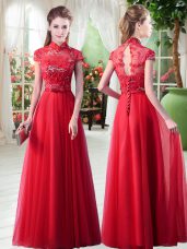 Top Selling Floor Length Lace Up Red for Prom with Appliques