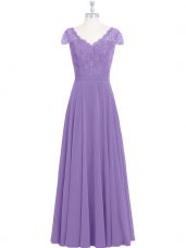 Dynamic Floor Length Lavender Prom Dress Chiffon Cap Sleeves Lace