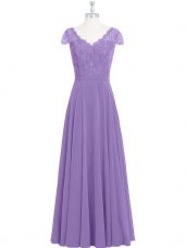 Dynamic Floor Length Lavender Prom Dress Chiffon Cap Sleeves Lace