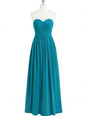 Teal A-line Chiffon Sweetheart Sleeveless Ruching Floor Length Zipper Prom Dress