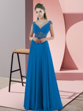 Simple Blue Satin Backless Prom Dress Sleeveless Sweep Train Beading