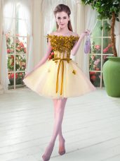Sweet Yellow Tulle Lace Up Off The Shoulder Sleeveless Mini Length Prom Party Dress Beading and Appliques