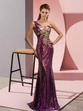 High Class Sequined One Shoulder Sleeveless Brush Train Lace Up Beading and Appliques Evening Dress in Purple