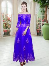 Floor Length Purple Prom Party Dress Off The Shoulder 3 4 Length Sleeve Lace Up