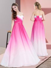 Floor Length Pink And White Dress for Prom Chiffon Sleeveless Ruching