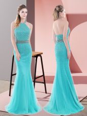 Sleeveless Sweep Train Beading Backless Prom Evening Gown