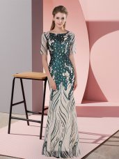 Exceptional Floor Length Green Prom Evening Gown Scoop Half Sleeves Zipper