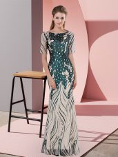 Exceptional Floor Length Green Prom Evening Gown Scoop Half Sleeves Zipper