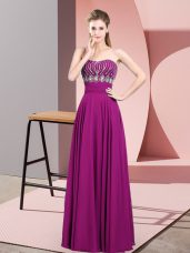 Beading and Ruching Prom Evening Gown Fuchsia Zipper Sleeveless Floor Length