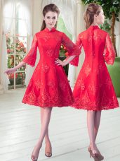 Lace Prom Dress Red Zipper 3 4 Length Sleeve Knee Length