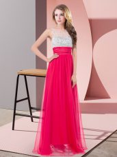 Floor Length Coral Red Dress for Prom Chiffon Sleeveless Sequins