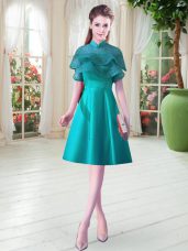 Teal Lace Up High-neck Ruffled Layers Homecoming Dress Satin Cap Sleeves