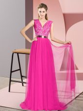 Sweep Train Empire Prom Dress Fuchsia V-neck Tulle Sleeveless Zipper