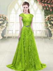 Artistic Zipper Prom Evening Gown Yellow Green for Prom and Party with Beading and Pick Ups Sweep Train