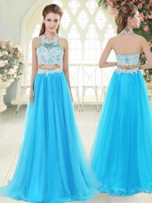 Aqua Blue Two Pieces Lace Prom Dress Zipper Tulle Sleeveless Floor Length