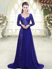 Royal Blue Chiffon Backless Prom Evening Gown Long Sleeves Sweep Train Beading and Lace