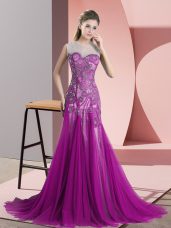 Purple Tulle Backless Scoop Sleeveless Prom Dress Sweep Train Beading and Appliques