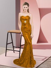 Modern Brown Zipper Sequins Sleeveless Sweep Train