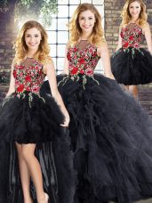 Black Zipper Scoop Sleeveless Floor Length Quinceanera Gown Embroidery and Ruffles