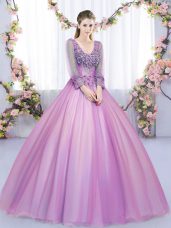 V-neck Long Sleeves Quinceanera Dress Floor Length Lace and Appliques Lilac Tulle