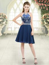 Blue Sleeveless Beading Knee Length