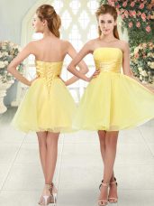 Yellow A-line Strapless Sleeveless Organza Mini Length Lace Up Beading Homecoming Dress