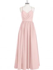 Enchanting Pink Chiffon Criss Cross Sleeveless Floor Length Ruching