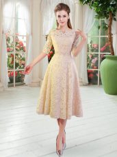 Tea Length Champagne Prom Party Dress Lace Half Sleeves Beading