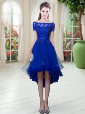 High Low A-line Short Sleeves Royal Blue Evening Dress Lace Up