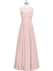 Baby Pink Chiffon Zipper Prom Dresses Sleeveless Floor Length Ruching