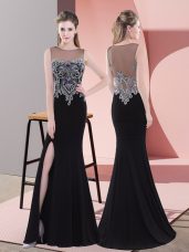 Satin Scoop Sleeveless Side Zipper Beading Prom Dresses in Black