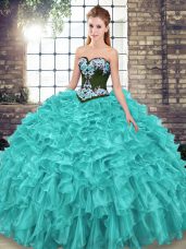 Luxury Sweetheart Sleeveless Sweet 16 Quinceanera Dress Sweep Train Embroidery and Ruffles Turquoise Organza