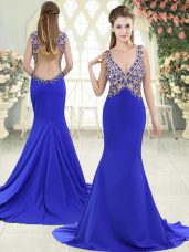 Blue Sleeveless Sweep Train Beading