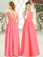 Suitable Watermelon Red Prom Gown Prom and Party with Ruching One Shoulder Sleeveless Zipper