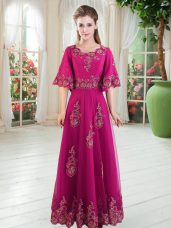 Floor Length Fuchsia Tulle Half Sleeves Lace