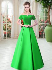 Green A-line Off The Shoulder Short Sleeves Satin Floor Length Lace Up Belt Evening Dress