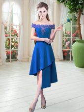 Cute Off The Shoulder Sleeveless Dress for Prom Asymmetrical Appliques Royal Blue Satin