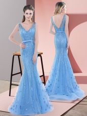 Custom Design Baby Blue Prom Party Dress Prom and Party and Military Ball with Beading and Sequins V-neck Sleeveless Sweep Train Backless